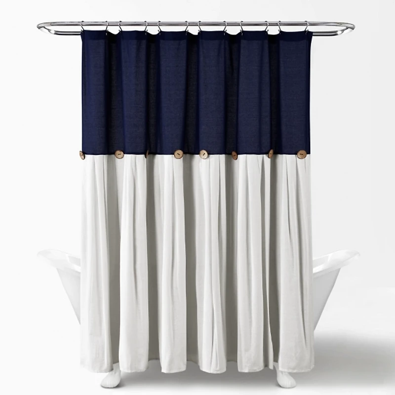 Navy and White Button Accent Linen Shower Curtain