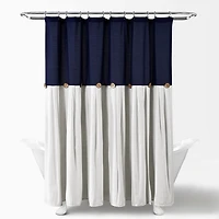Navy and White Button Accent Linen Shower Curtain