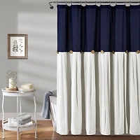 Navy and White Button Accent Linen Shower Curtain