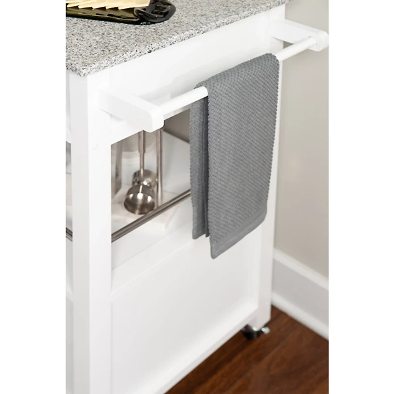 White Parker Granite Top Rolling Kitchen Cart