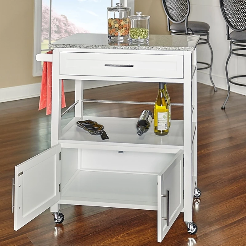 White Parker Granite Top Rolling Kitchen Cart