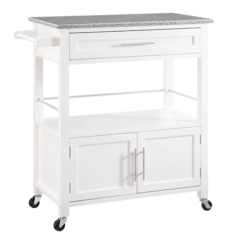 White Parker Granite Top Rolling Kitchen Cart