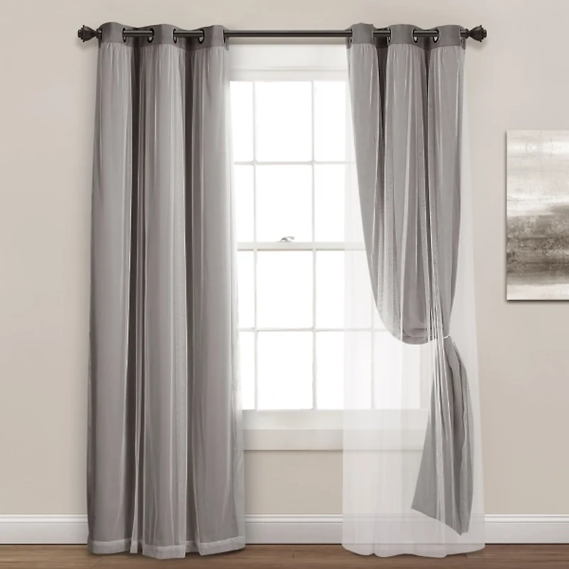 Gray Curtain Panel Set with Overlay, 95 in.