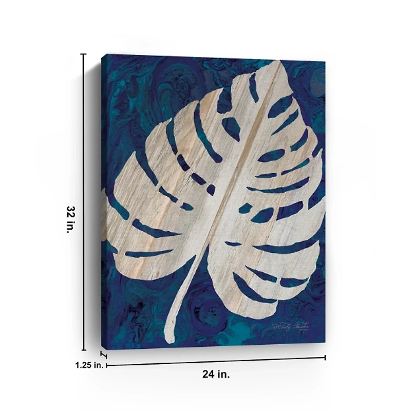 Navy Monstera Leaf Giclee Canvas Art Print