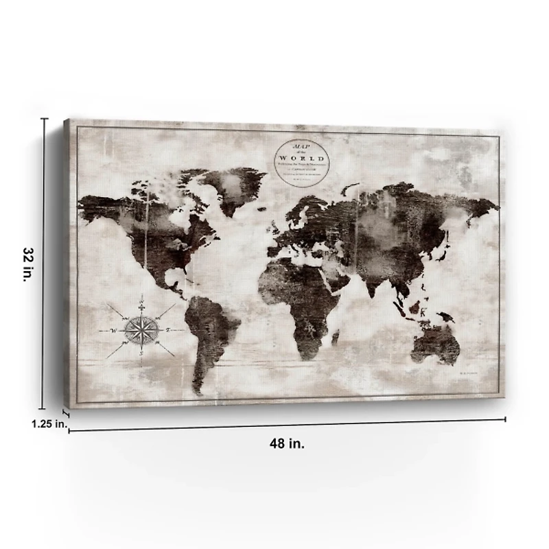 Black and White World Map Giclee Canvas Art Print