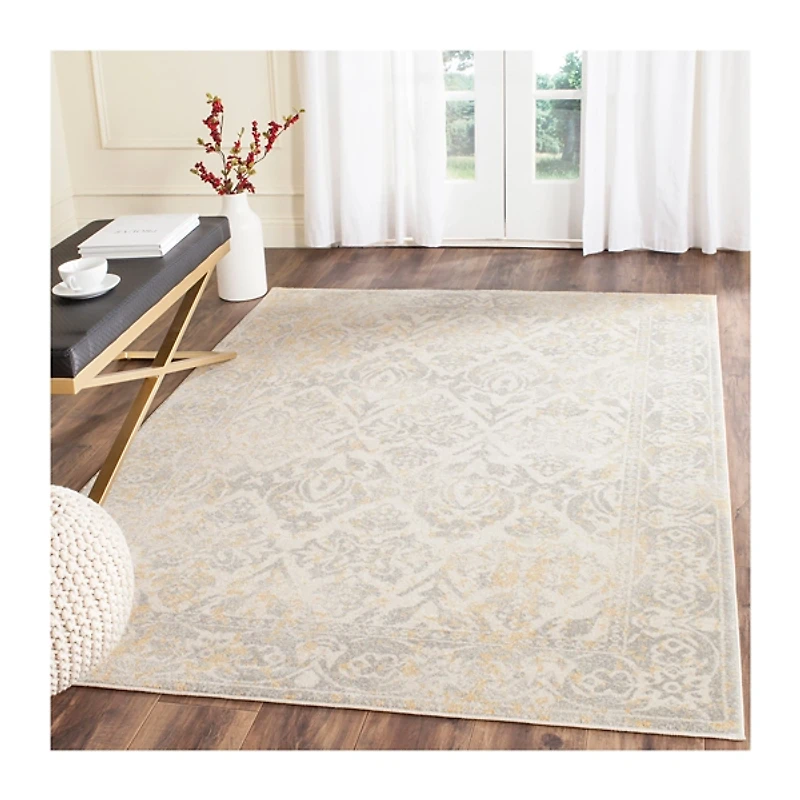 Gray and Ivory Everley Damask Rug, 5x7