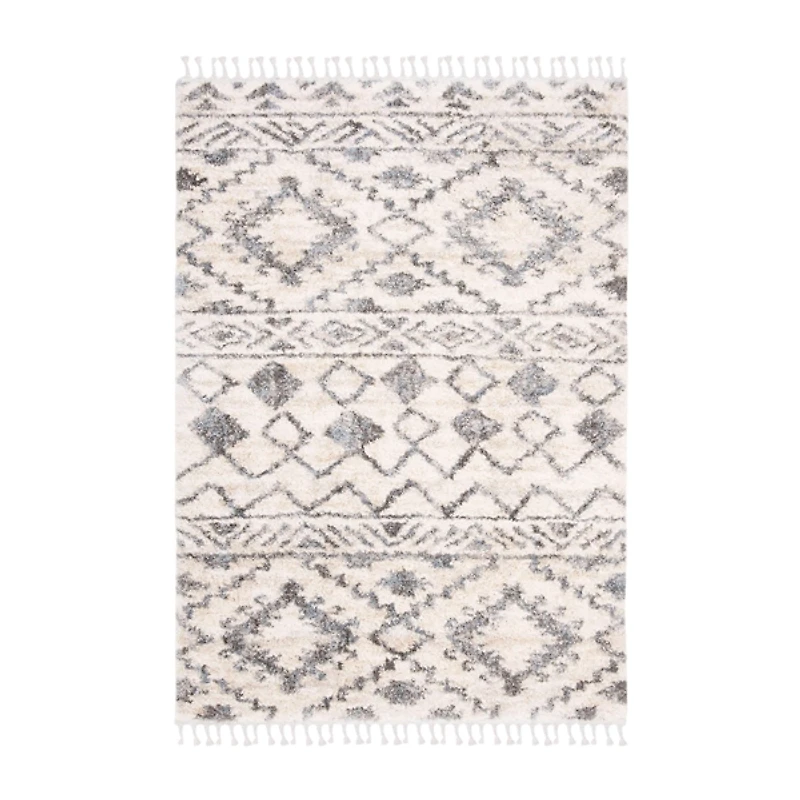 Cream and Navy Moroccan Fringe Shag Rug, 8x10