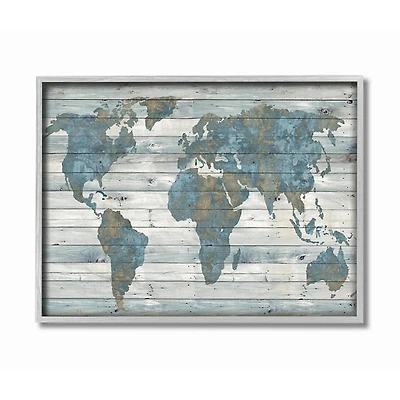 Blue and Tan Rustic Plank World Map Framed Art