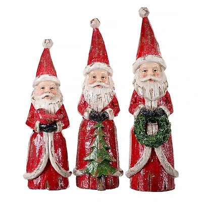 Red Wood Carved Santas, Set of 3