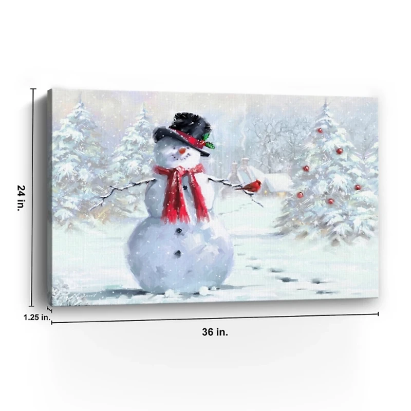 Snowman and Cardinal Canvas Art Print