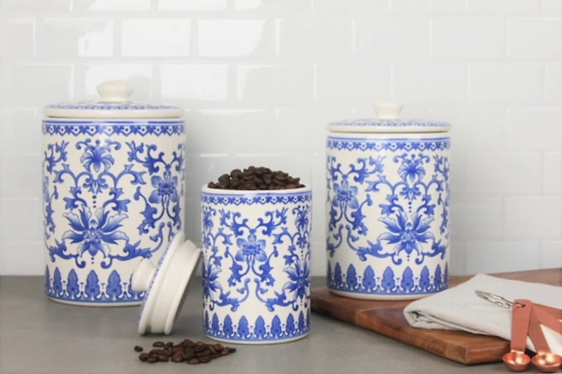 Blue and White Classic Ceramic Canisters, Set of 3