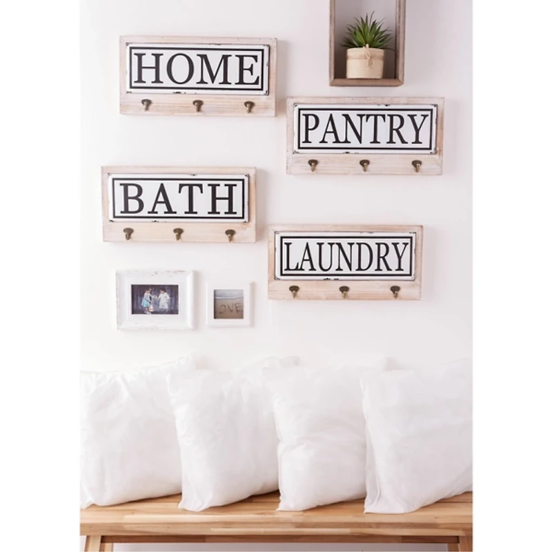 Metal and Wood Bath Sign with Hooks