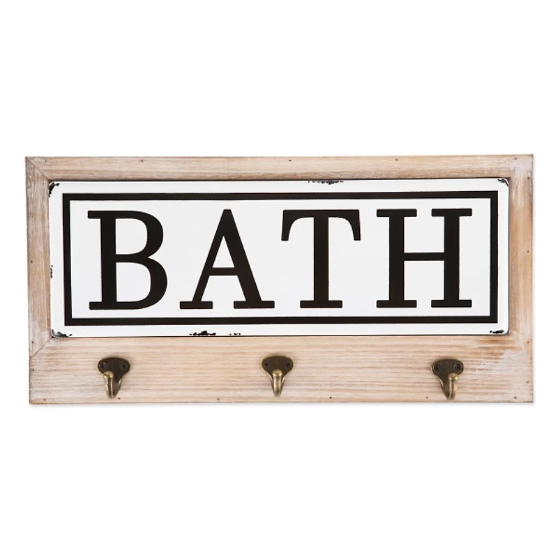 Metal and Wood Bath Sign with Hooks