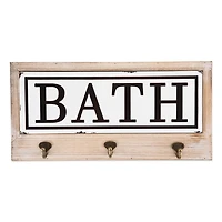 Metal and Wood Bath Sign with Hooks