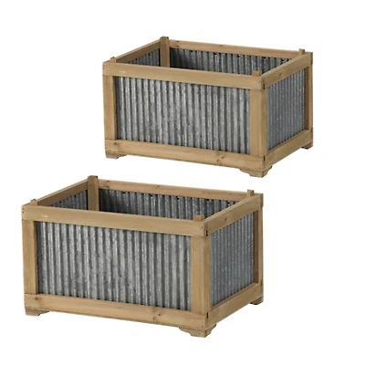 Wood Planters with Galvanized Sides, Set of 2