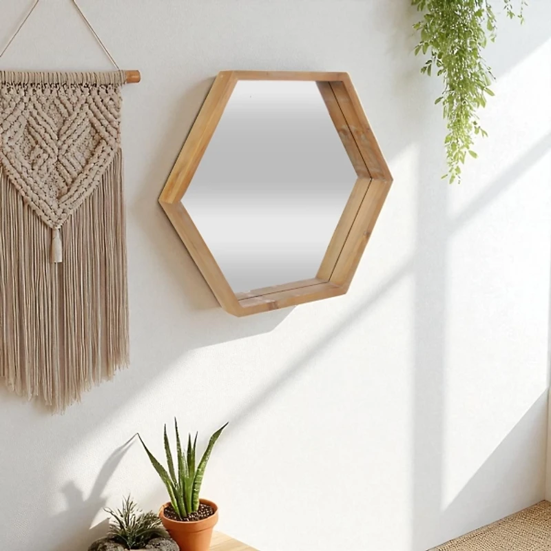 Wood Frame Hexagon Wall Mirror