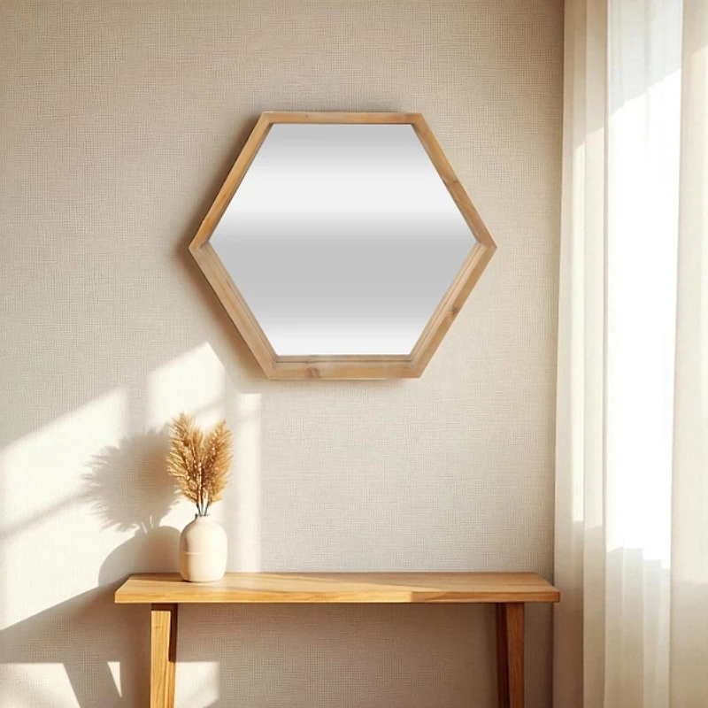 Wood Frame Hexagon Wall Mirror