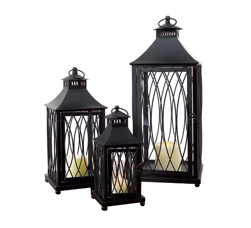 Black Metal Lanterns with Top Handles, Set of 3
