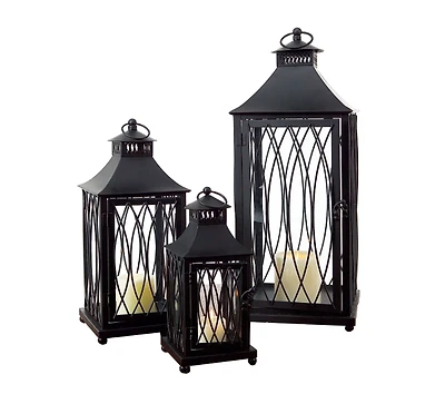 Black Metal Lanterns with Top Handles, Set of 3