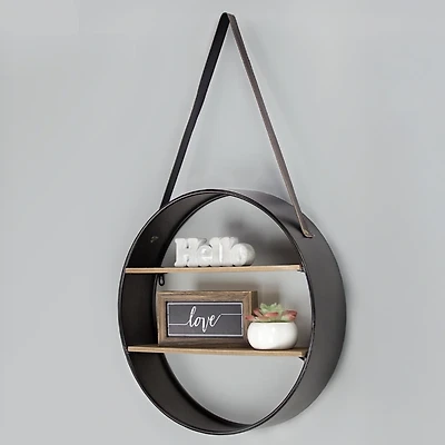 Metal Circle Wall Shelf with Leather Strap