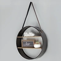 Metal Circle Wall Shelf with Leather Strap