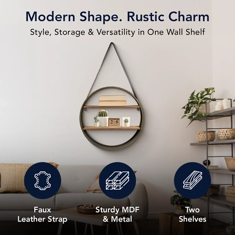 Metal Circle Wall Shelf with Leather Strap