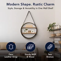 Metal Circle Wall Shelf with Leather Strap