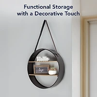 Metal Circle Wall Shelf with Leather Strap