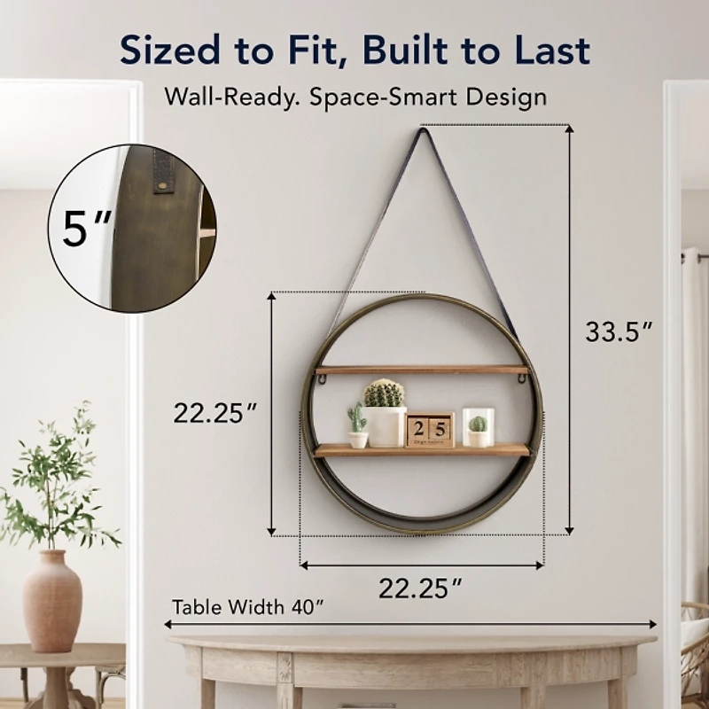 Metal Circle Wall Shelf with Leather Strap