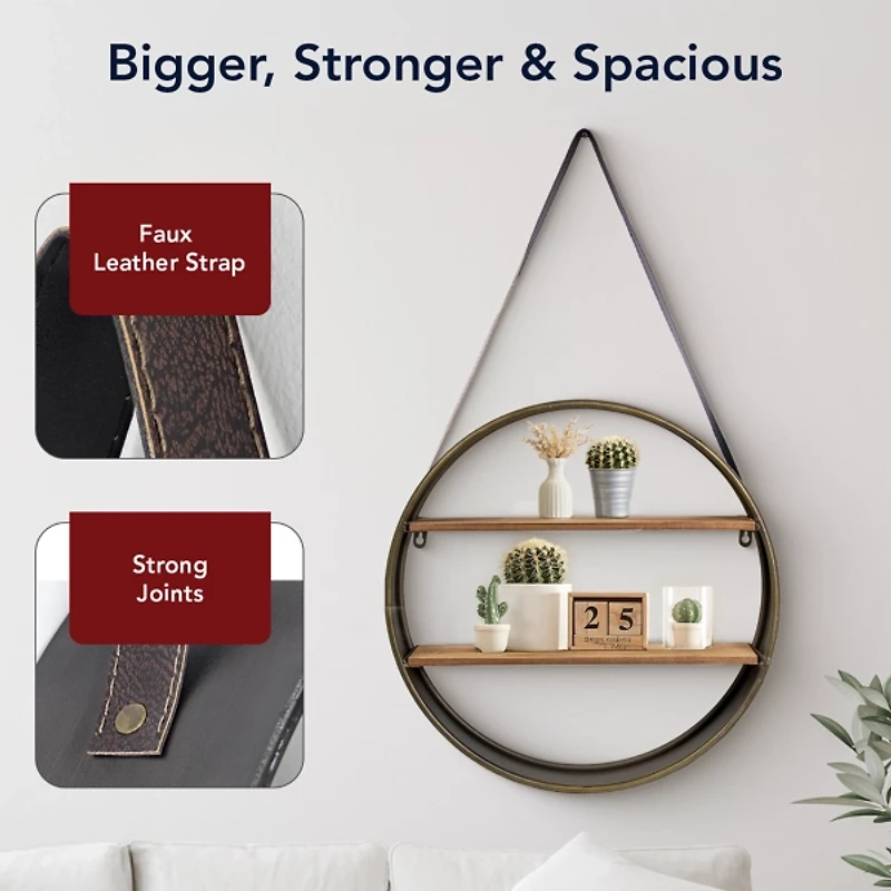 Metal Circle Wall Shelf with Leather Strap