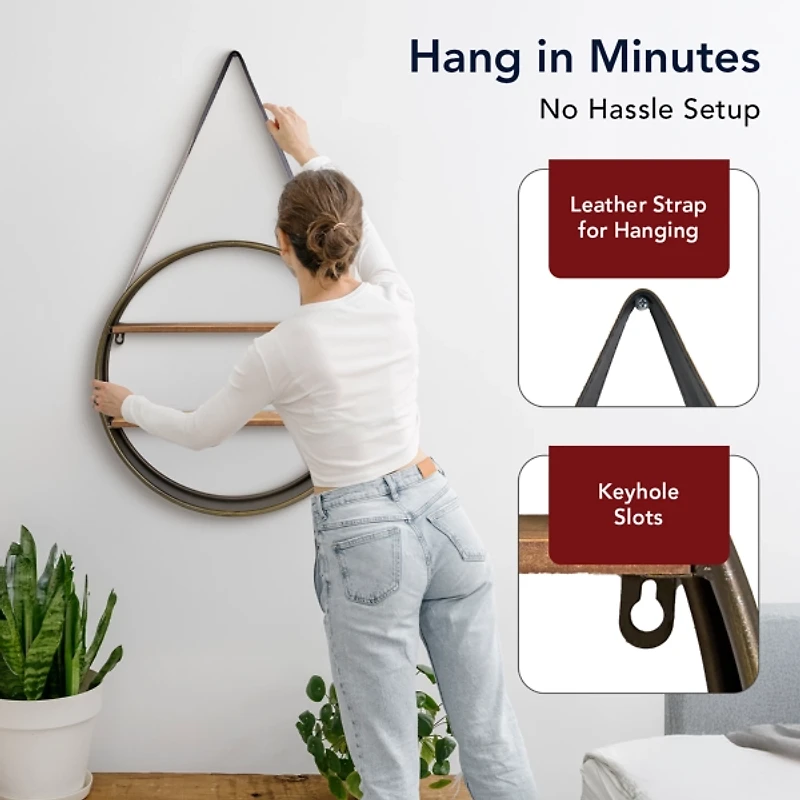 Metal Circle Wall Shelf with Leather Strap