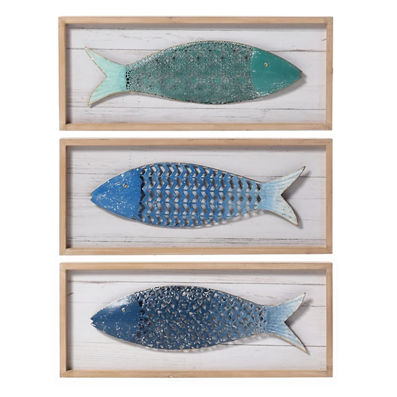 School of Fish Wooden and Metal Plaques, Set of 3