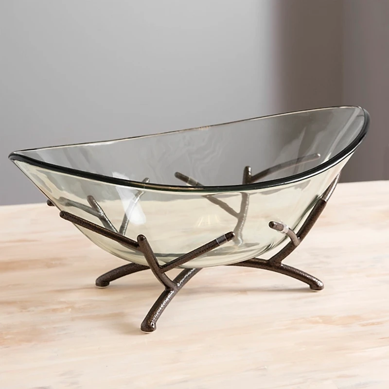 Oversized Glass Bowl with Twig Base