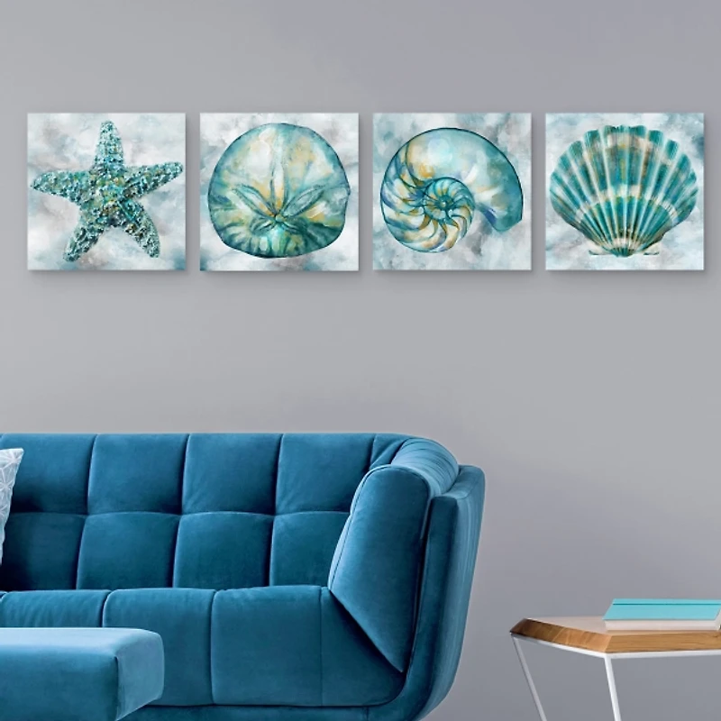 Blue Elegant Shells Canvas Art Prints, Set of 4