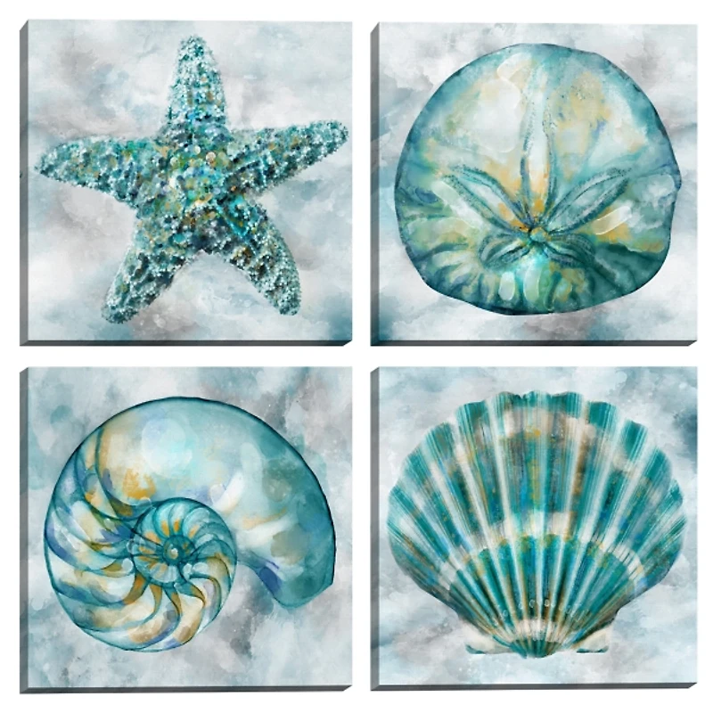Blue Elegant Shells Canvas Art Prints, Set of 4