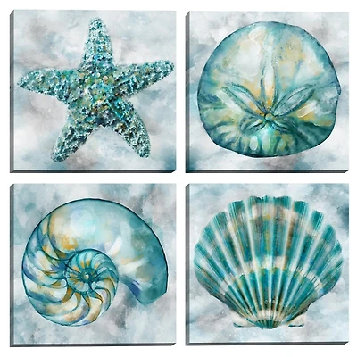 Blue Elegant Shells Canvas Art Prints, Set of 4