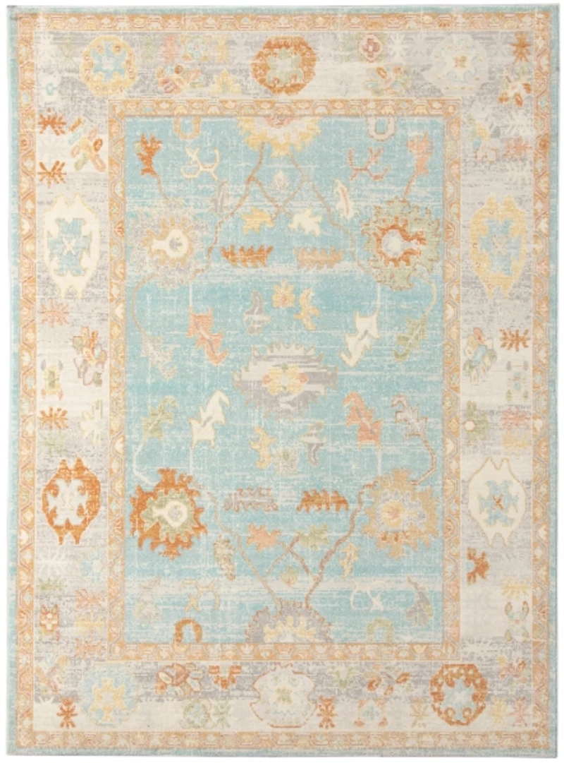 Aqua and Beige Bohemian Area Rug, 7x9