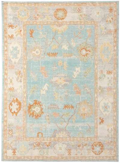 Aqua and Beige Bohemian Area Rug, 7x9