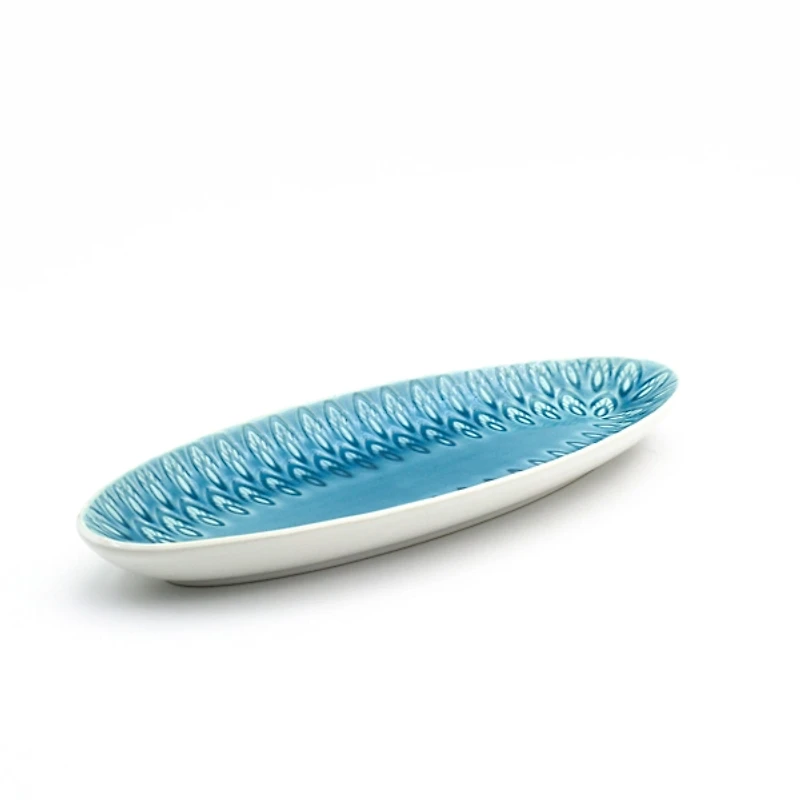 Turquoise Peacock Reactive Print Oval Platter