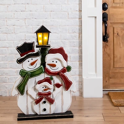 Wooden LED Light Post Snowman Family