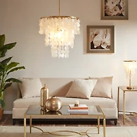 White Shell and Gold Metal Layered Chandelier