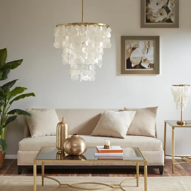 White Shell and Gold Metal Layered Chandelier