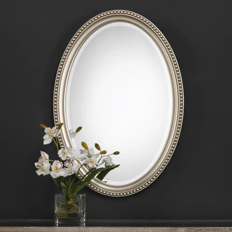 Metallic Silver Beaded Edge Oval Mirror