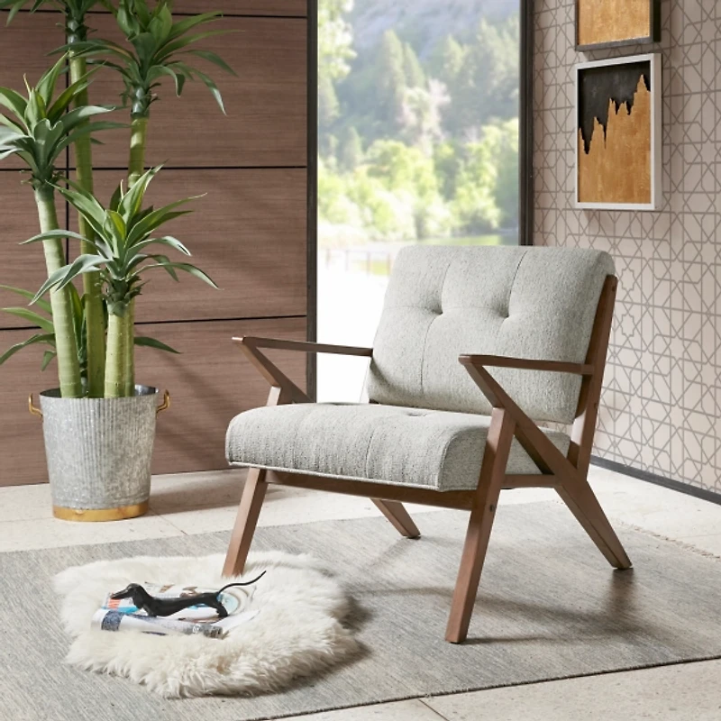 Gray Upholstered Angled Wood Frame Armchair