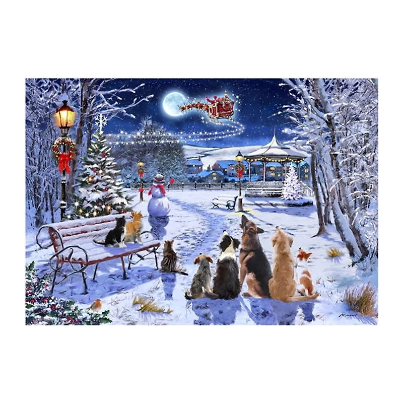 Dogs and Cats In Christmas Park Canvas Art Print