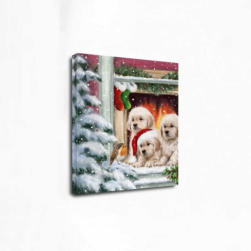 Puppies at Christmas Window Canvas Art Print