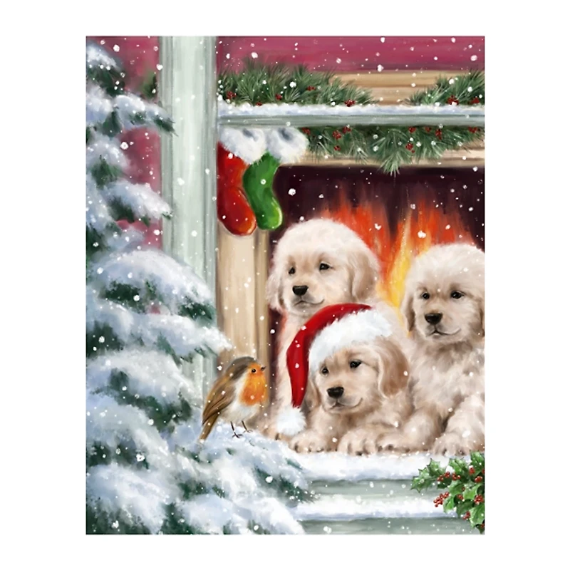 Puppies at Christmas Window Canvas Art Print
