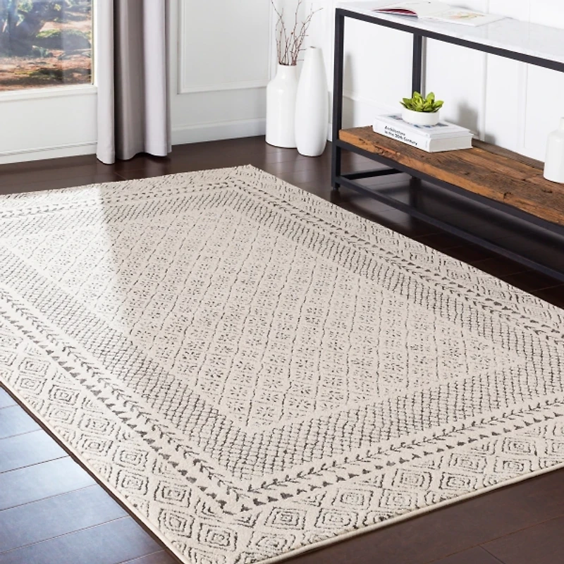 Gray and Cream Border Harrah Area Rug, 7x10