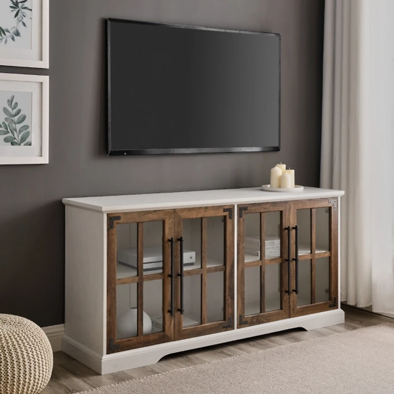 White and Rustic Oak Glass Door TV Stand
