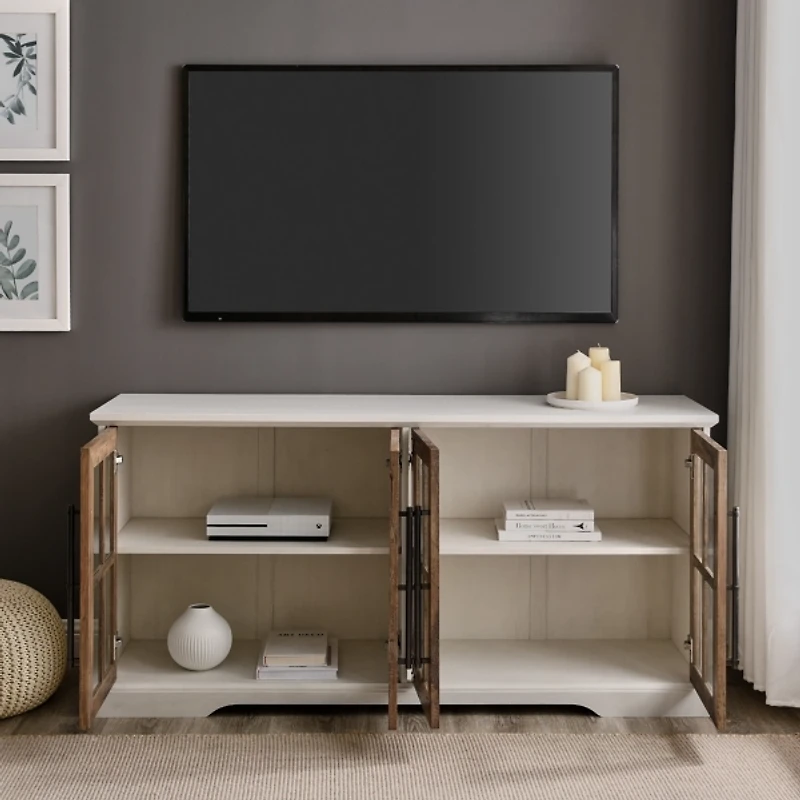 White and Rustic Oak Glass Door TV Stand